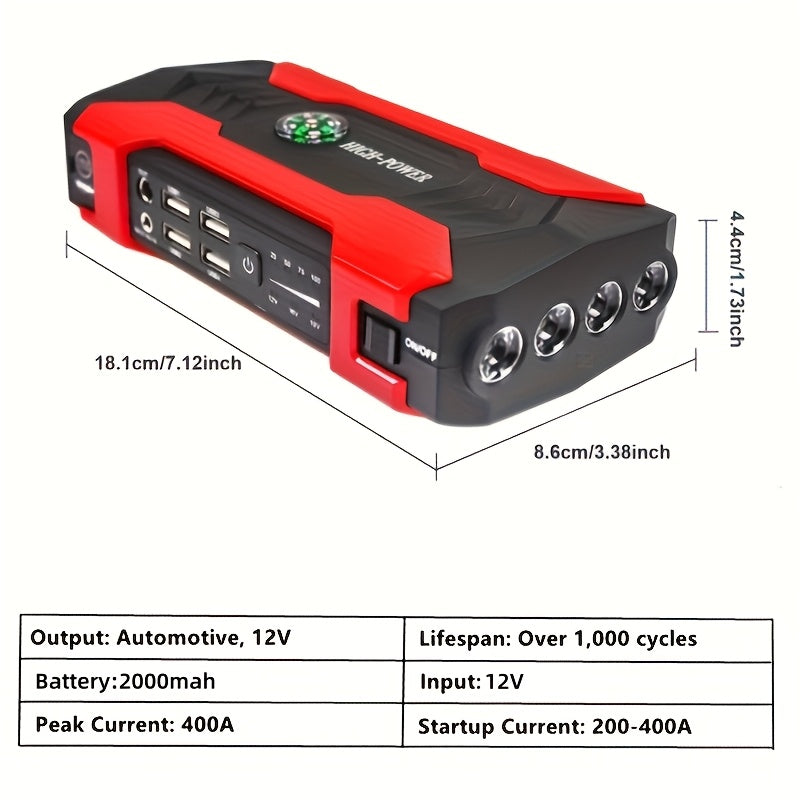 Démarreur de batterie portable pour voiture 2000 A – Booster sans fil 12 V pour démarrage rapide de moteurs essence (8,0 L) et diesel (6,5 L) avec entrée/sortie USB, lampe d'urgence LED – Accessoire auto et outil d'urgence