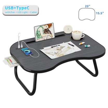 Support pour ordinateur portable avec port USB, tiroir de rangement et porte-gobelet – Plateau de lit en bois noyer pour manger, écrire, canapé, adultes et étudiants