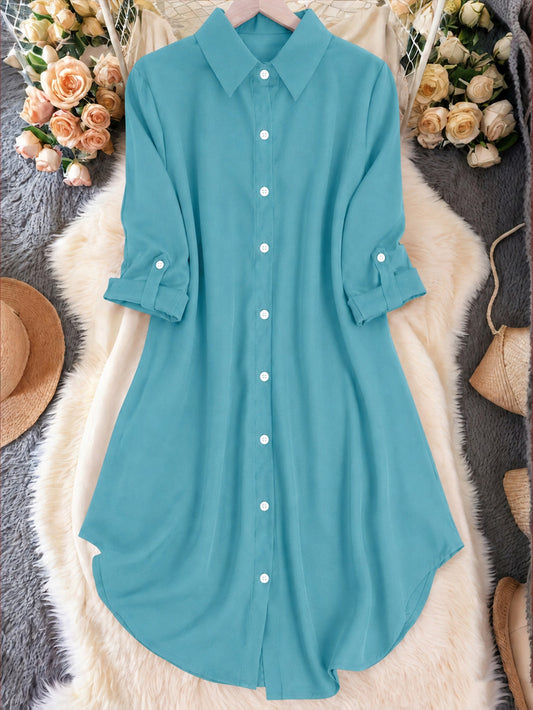 Women's Casual Lapel Shirt Solid Color Mid-sleeve Blouse All Season Versatile Loose Fit Button Down Top for Women