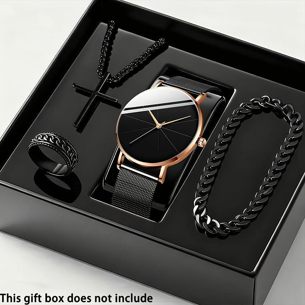 Coffret cadeau montre à quartz et bracelet pour homme, 4 pièces - Montre élégante à boîtier en alliage et cadran rond, style sport, décontracté et professionnel, avec bracelet assorti pour le quotidien, les anniversaires et les fêtes.