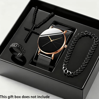 Coffret cadeau montre à quartz et bracelet pour homme, 4 pièces - Montre élégante à boîtier en alliage et cadran rond, style sport, décontracté et professionnel, avec bracelet assorti pour le quotidien, les anniversaires et les fêtes.