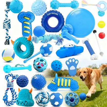 Ensemble de 7 jouets à mâcher pour petit chien, série bleue – Jouets pour animaux durables et résistants, assortiment de jouets grinçants et texturés pour les dents, l'ennui et le jeu interactif, styles aléatoires