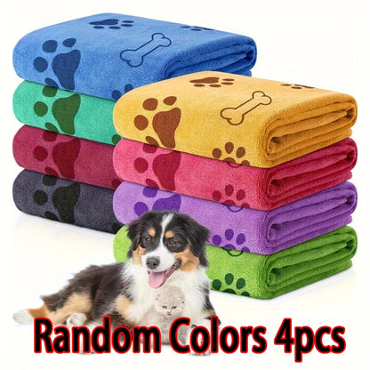Serviettes pour chien à séchage rapide, lot de 4 – Ensemble de serviettes de bain pour animaux en microfibre douce et absorbante avec motifs de pattes pour chiens de taille moyenne, serviettes de toilettage et de bain, couleurs assorties aléatoires