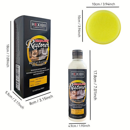Kit de restauration de phares 250 ml - Liquide nettoyant pour phares de voiture, élimine l'oxydation, le jaunissement et le voile, agent de rénovation avec revêtement cristallin pour optiques en plastique, restaure la clarté de 6 à 10 phares