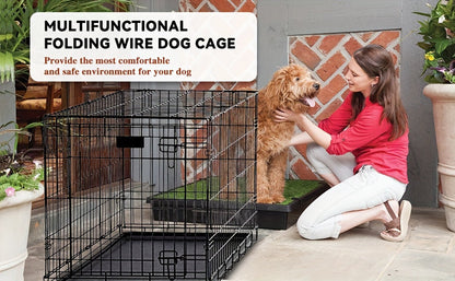 Double Door Folding Metal Dog Crate 42 48 Inch with Divider Leak-Proof Tray High-Temp Paint Finish Wire Kennel Puppy Medium Large Dogs Indoor Outdoor Black Blue Pink