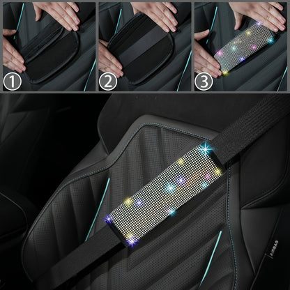Ensemble d'accessoires de voiture 8 pièces en strass pour femme – Housse de volant, sous-verres, coussinets de ceinture de sécurité, anneaux de démarrage et housse de pommeau de levier de vitesse, 7 couleurs, kit intérieur à paillettes scintillantes