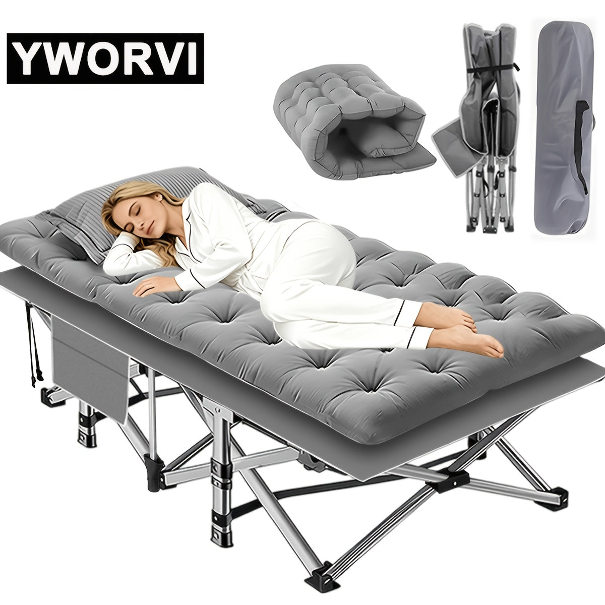 Lit de camping pliant avec matelas et poches latérales – Lit de camp portable robuste pour adultes, lit d'appoint pliable pour le camping, l'extérieur, la terrasse, le bureau ou la chambre d'amis
