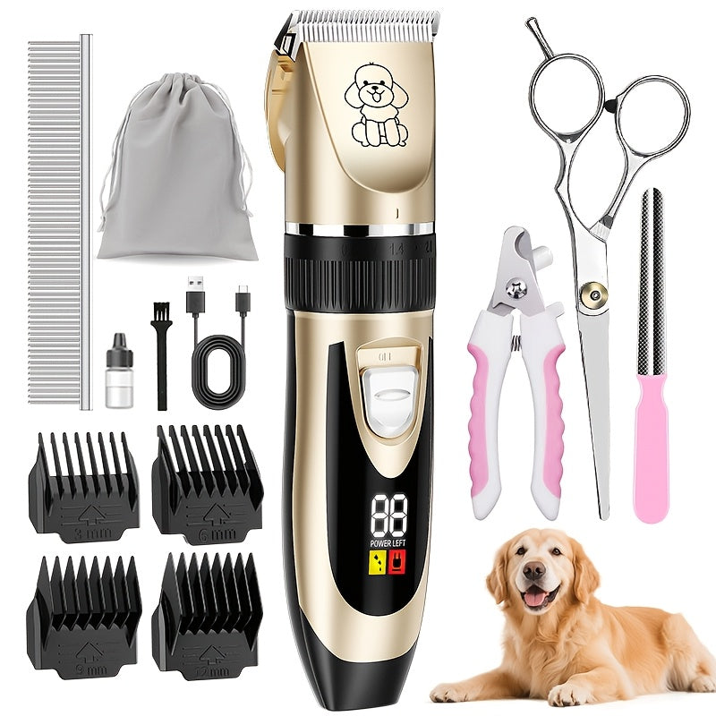 Kit de toilettage pour chien, tondeuse électrique sans fil silencieuse – batterie au lithium rechargeable, tondeuse pour poils épais avec ciseaux et peigne pour chiens et chats de petite et grande taille, plusieurs options de kit disponibles