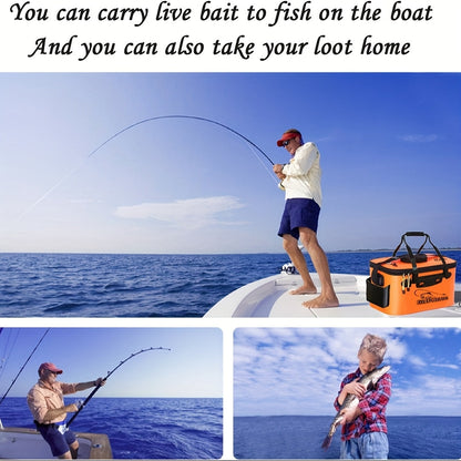 Seau de pêche pliable de 25 L – Conteneur à appâts vivants en EVA, sac de conservation de poissons multifonctionnel et portable pour la pêche à la carpe et en eau douce, cadeau pour homme (bleu/orange)