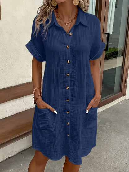 Women's Solid Color Lapel Collar Button-Down Sleeveless Shirt Dress – Breathable Knee-Length Vintage Flutter Sleeve Casual Dress for Spring Summer