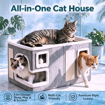 Maison pour chat 3-en-1 d'intérieur – Ottoman luxueux en bois pour dormir, jouer et faire ses griffes, cube refuge pour chats, adapté aux foyers multi-chats, gris clair, taille standard et grande
