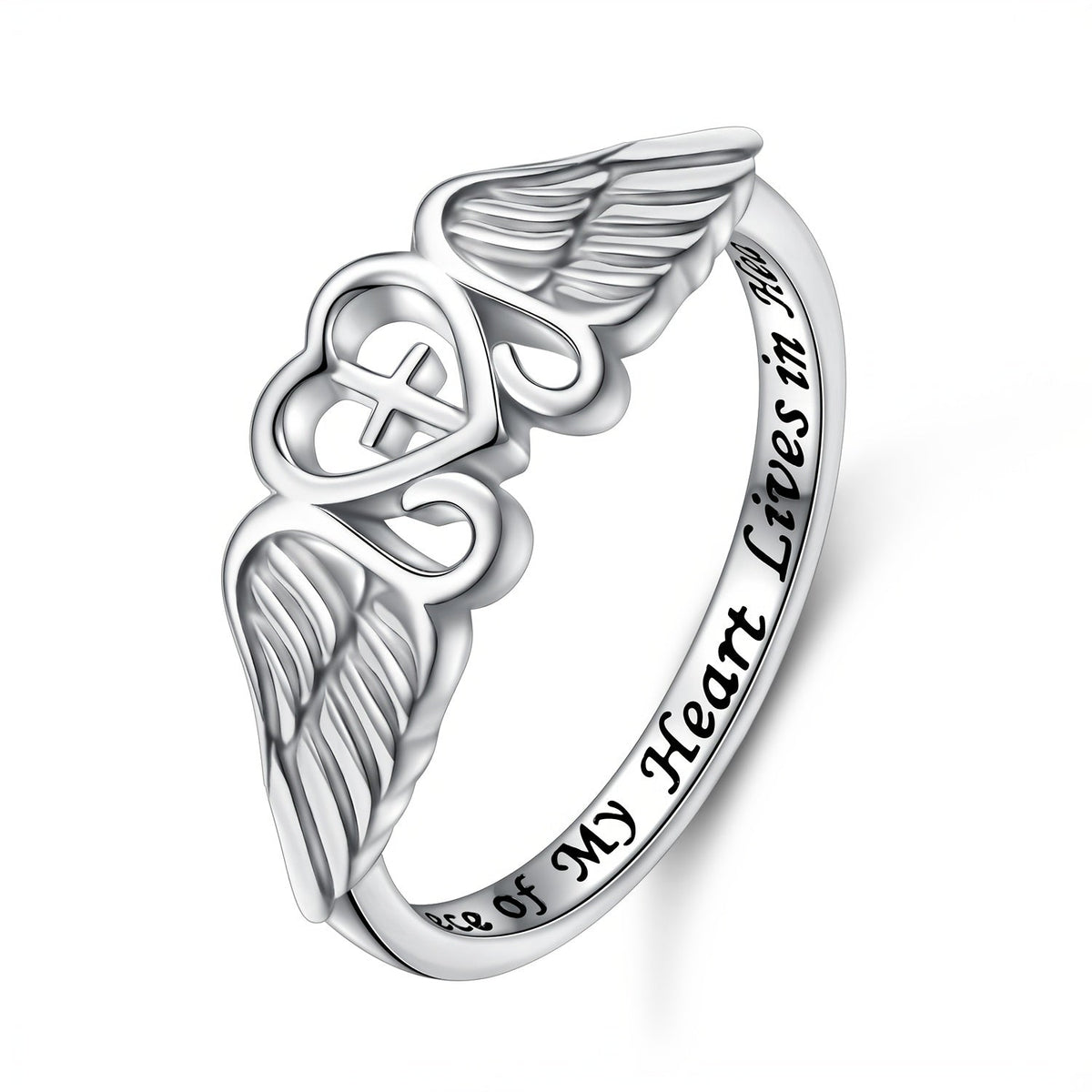 Bague commémorative aile d'ange en argent sterling S925 – Une partie de mon cœur vit au ciel, plaquée rhodium, cadeau de sympathie pour la perte d'une maman, d'un papa, d'un grand-parent, d'une fille ou d'un fils, tailles 5-10
