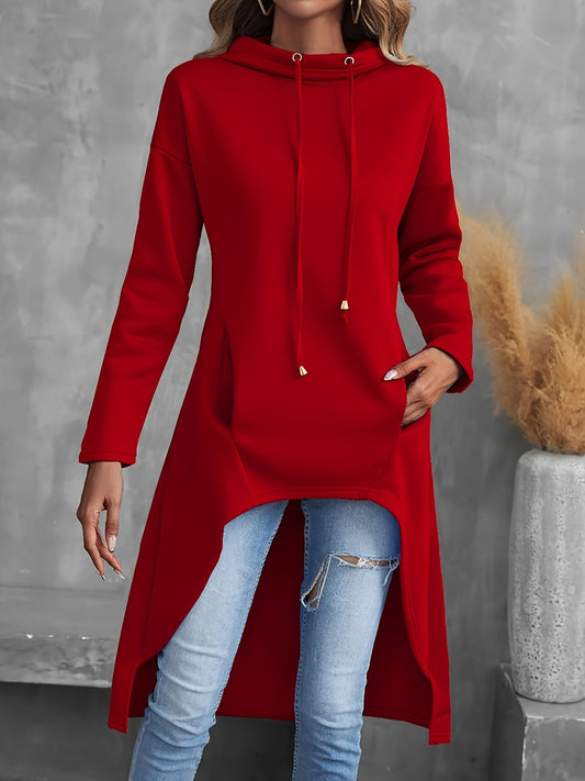 Sweat-shirt à capuche pour femme, coupe asymétrique, manches longues, cordon de serrage, couleur unie, haut à capuche décontracté, rouge, noir, bleu, gris, jaune, S-XXL