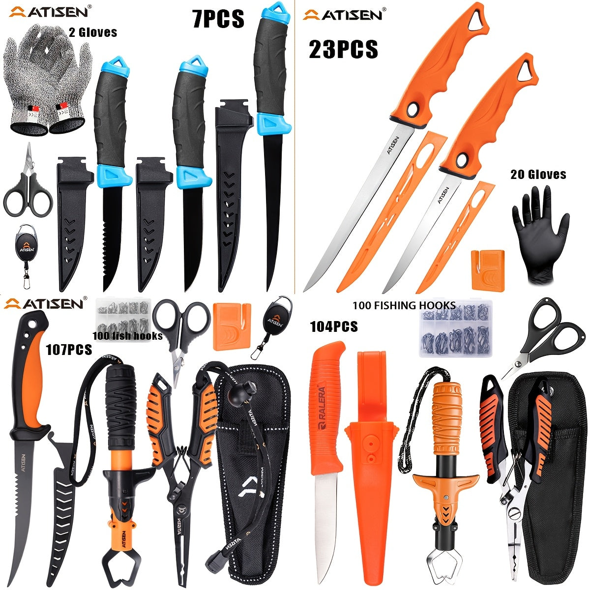 Ensemble de couteaux de pêche 7/23/104/107 pièces – Couteaux à fileter, à désosser et à vider en acier inoxydable avec coupe-fil, kit d'outils de découpe et de sculpture pour le camping, cadeau idéal pour les pêcheurs