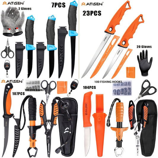 Ensemble de couteaux de pêche 7/23/104/107 pièces – Couteaux à fileter, à désosser et à vider en acier inoxydable avec coupe-fil, kit d'outils de découpe et de sculpture pour le camping, cadeau idéal pour les pêcheurs