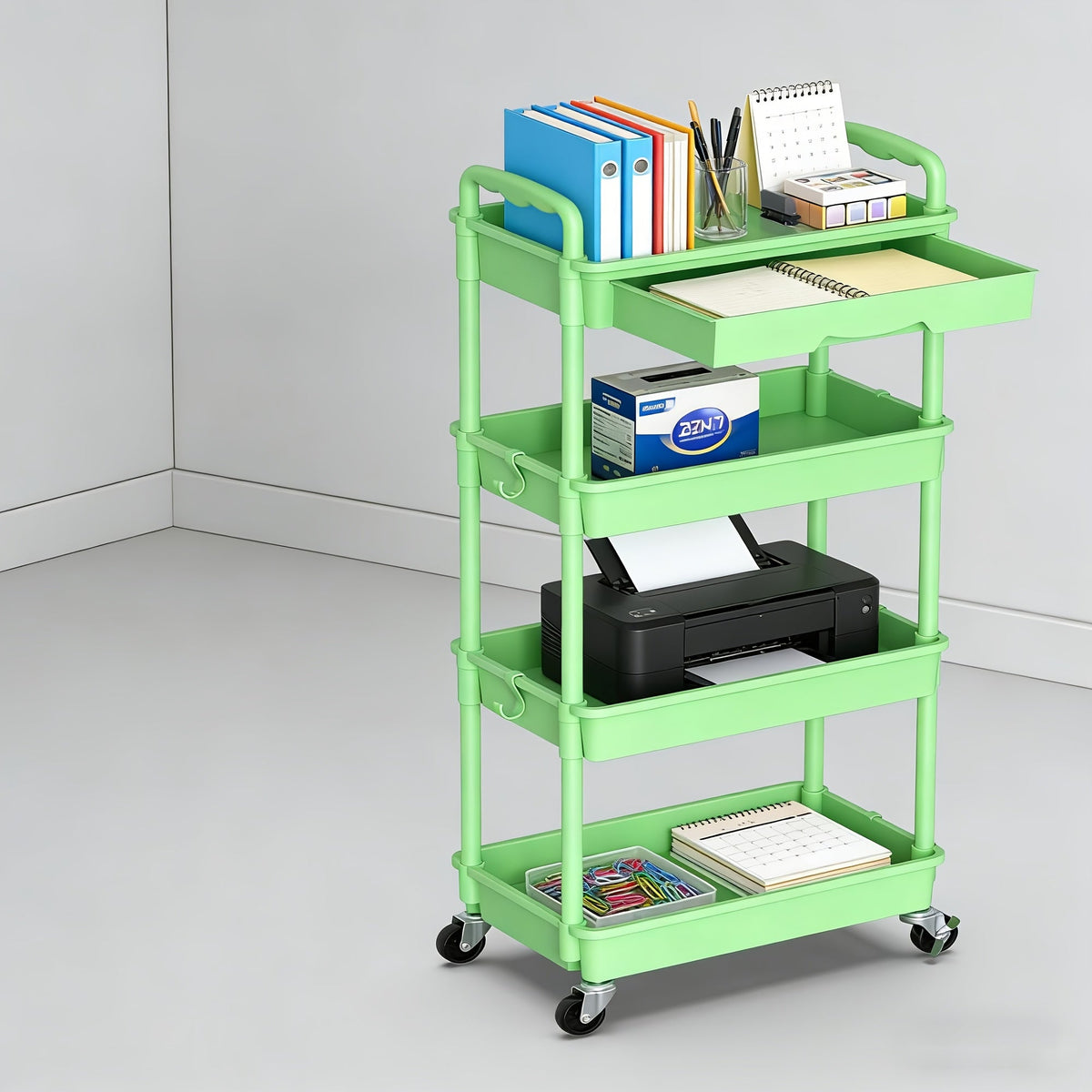 Desserte de rangement à roulettes 3 et 4 niveaux avec tiroir et roues verrouillables – Étagère de rangement multifonctionnelle en plastique pour cuisine, salle de bain, salon, bureau – 7 couleurs