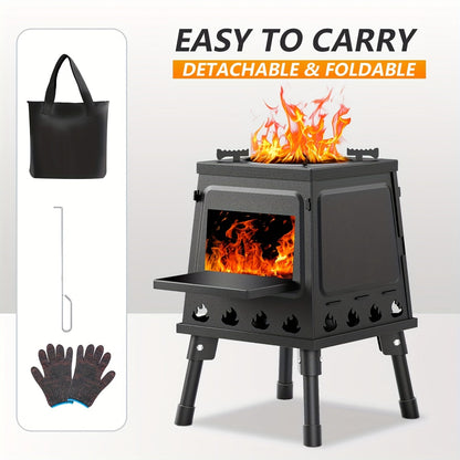 Réchaud de camping à bois portable – Réchaud de randonnée compact et pliable pour la marche, le camping, le pique-nique et le barbecue, aucune cartouche de combustible nécessaire, option cheminée, noir, vert ou acier inoxydable