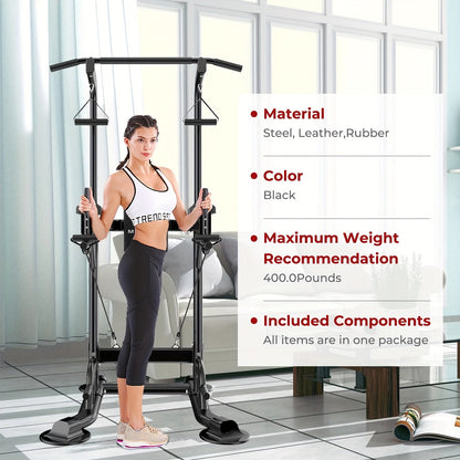 Station de musculation Power Tower avec barre de traction et poste à dips – Hauteur réglable 127-230 cm, capacité 150 kg, équipement de musculation multifonction pour hommes et femmes, bandes élastiques incluses