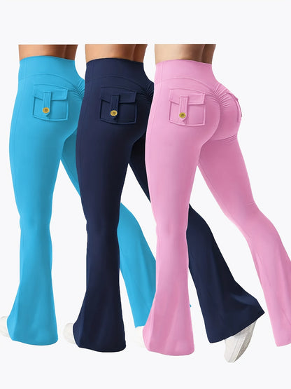 Ensemble 3 pièces pour femme : pantalon de yoga évasé à taille haute avec ceinture et poches, legging galbant effet push-up, squat-proof, 90 % polyester extensible, coupe évasée pour le sport, la gym, la course et le quotidien