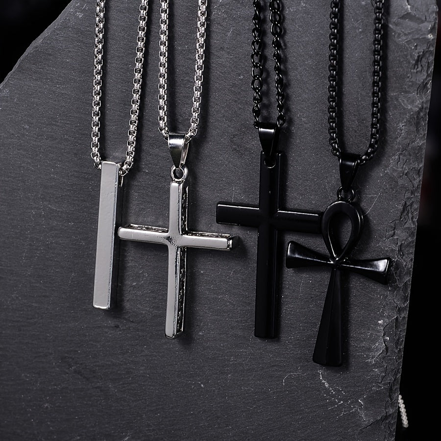 Lot de 8 colliers punk noirs pour homme – Chaînes à pendentif croix en acier inoxydable, bijoux streetwear gothiques, colliers superposés tendance pour homme, coffret cadeau style mixte