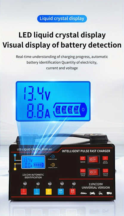 Chargeur de batterie universel intelligent 12V 24V avec écran LCD, réparation par impulsion, maintien de charge pour voiture, camion, moto, bateau, tondeuse à gazon, moissonneuse – Régulation automatique de la température