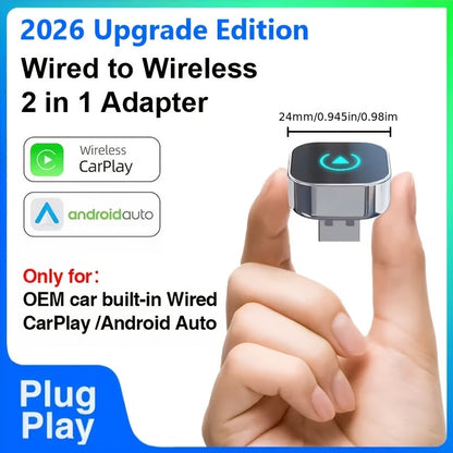 Adaptateur CarPlay sans fil, mini dongle version améliorée 2026 – 2-en-1 pour iPhone et Android Auto, conversion de filaire à sans fil, USB-A et USB-C, double bande à faible latence, connexion automatique, certifié FCC