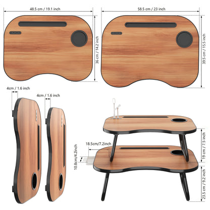 Support pour ordinateur portable avec port USB, tiroir de rangement et porte-gobelet – Plateau de lit en bois noyer pour manger, écrire, canapé, adultes et étudiants