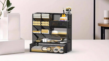 Organisateur de bureau en maille avec tiroir et porte-stylo – Rangement pour crayons pour bureau, école et atelier d'art, design en maille respirante, disponible en noir, jaune et bleu