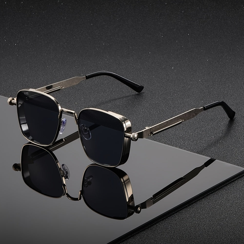 Lunettes de soleil carrées rétro steampunk pour hommes et femmes – Monture en métal vintage, verres dégradés verts, protection UV400, lunettes de fête, streetwear et festival avec étui et chiffon, idée cadeau unique