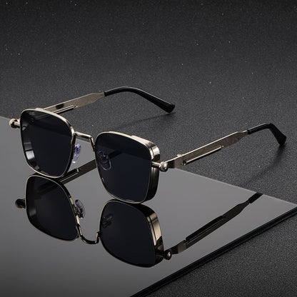 Lunettes de soleil carrées rétro steampunk pour hommes et femmes – Monture en métal vintage, verres dégradés verts, protection UV400, lunettes de fête, streetwear et festival avec étui et chiffon, idée cadeau unique