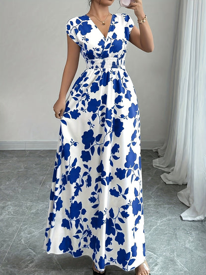 Robe longue florale rose pour femme - Col en V, manches courtes, taille cintrée, coupe trapèze | Robe fluide élégante, décontractée et habillée, pour le printemps et l'automne, nouveauté