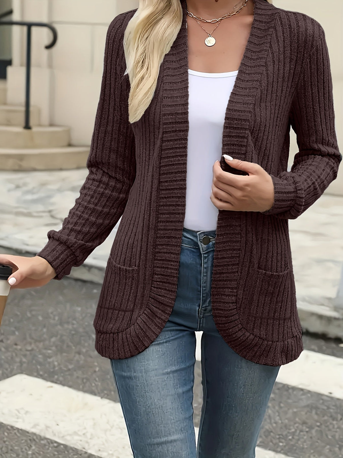 Women's Elegant Front Open Sweater Cardigan Long Sleeve Pleated Detail Solid Color - Soft Suede Feel Layering Piece for Fall Winter Office Casual Daily Wear