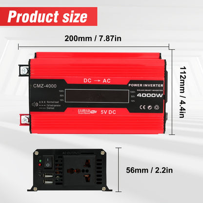 Onduleur de voiture 4000W CC 12V vers CA 110V avec écran LCD, ventilateur de refroidissement et protection contre les surcharges - Convertisseur portable de 800W nominal pour voyages en voiture, camping, activités en extérieur et kits d'urgence