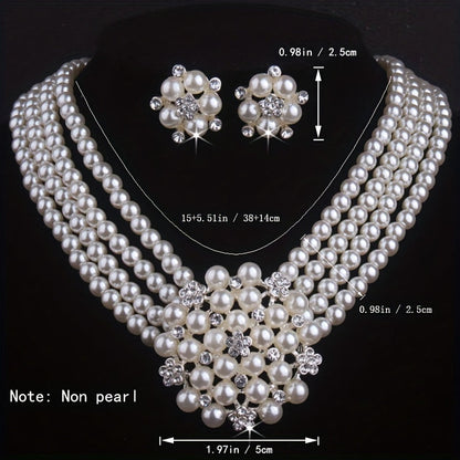 Parure de collier et boucles d'oreilles 4 rangs de perles blanc laiteux pour femme – Bijoux fantaisie plaqués argent style fleur superposée pour mariage, banquet, soirée, fiançailles, cadeau