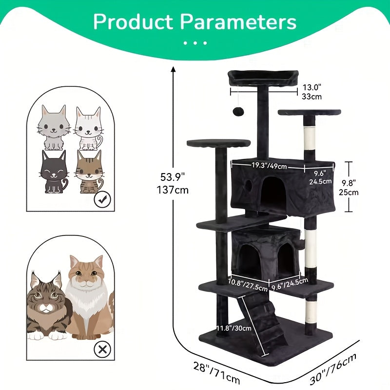 Arbre à chat de 137 cm pour chats d'intérieur – Centre d'activités à plusieurs niveaux avec poteaux à griffer, niche et jouets pour chatons et chats adultes, gris foncé