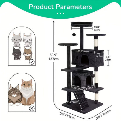 Arbre à chat de 137 cm pour chats d'intérieur – Centre d'activités à plusieurs niveaux avec poteaux à griffer, niche et jouets pour chatons et chats adultes, gris foncé