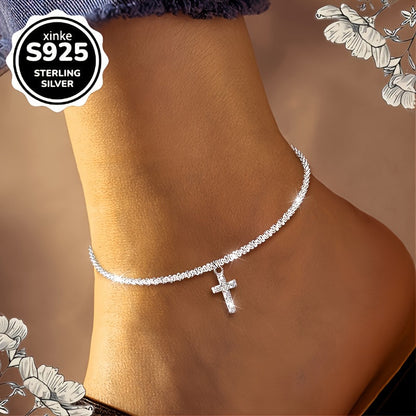 Chevillère croix en argent sterling S925 pour femme – Ornée d'un diamant synthétique étincelant, bijou bohème pour la plage et les vacances, accessoire pour tenue décontractée, cadeau idéal pour la Saint-Valentin et la fête des mères