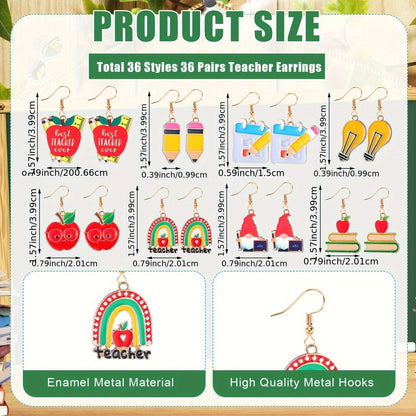 Lot de 36 paires de boucles d'oreilles pour enseignante - Motifs livre, crayon, règle et pomme, styles puces et pendantes - Cadeau de rentrée scolaire, cadeau de remerciement, cadeau de fête ou de Noël