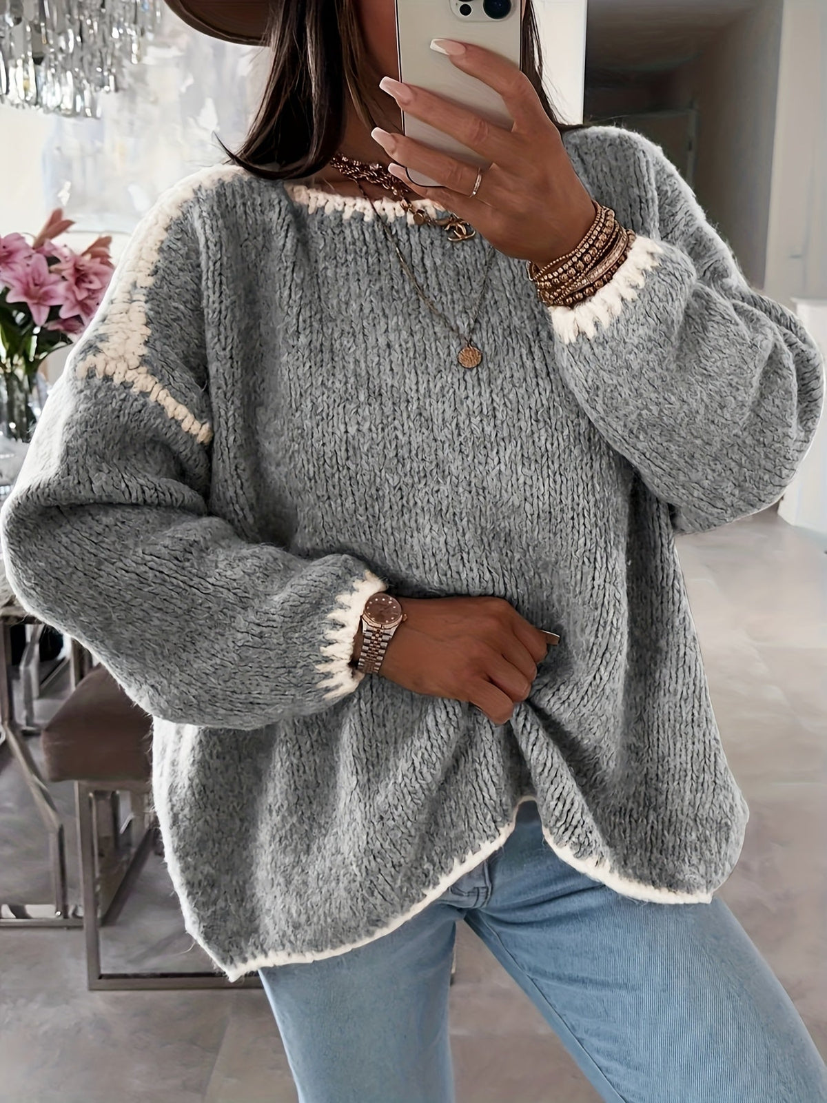 Pull-over femme à encolure bateau et blocs de couleur – Haut décontracté en maille contrastante, manches longues et coupe ample pour l'automne et l'hiver, style épaules dénudées, 7 couleurs, tailles S à XXL, pull doux et confortable pour le quotidien