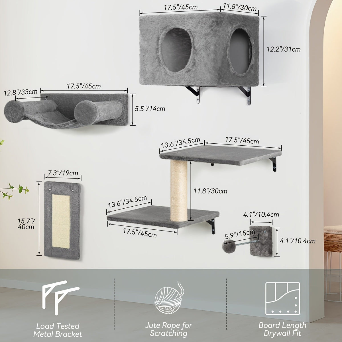 Ensemble de 5 étagères murales pour chats - Perchoir, grimpeur et pont flottants pour chats, mobilier moderne pour chats d'intérieur, alternative à l'arbre à chat avec plateforme de couchage, maison pour chat gain de place