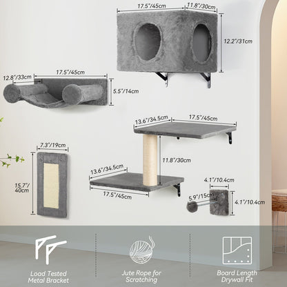 Ensemble de 5 étagères murales pour chats - Perchoir, grimpeur et pont flottants pour chats, mobilier moderne pour chats d'intérieur, alternative à l'arbre à chat avec plateforme de couchage, maison pour chat gain de place