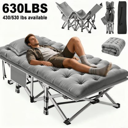 Lit pliant ultra-résistant supportant jusqu’à 285 kg avec matelas en option – Lit de camp portable avec pieds de support multiples, poches latérales et oreiller, lit d'appoint toutes saisons de 150 à 195 cm, peu encombrant