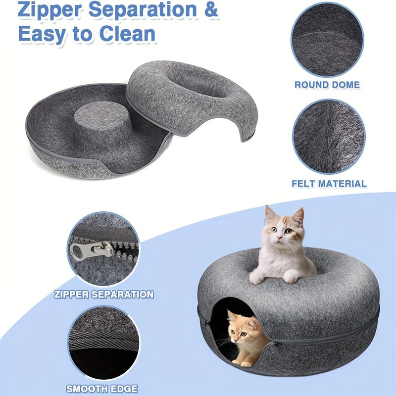 Lit tunnel pour chat, cachette d'intérieur - Tunnel pour chat en forme de beignet, pliable et utilisable en toute saison, avec ouverture pour chats d'intérieur, peluche douce, gris foncé et gris clair, disponible en 50 et 60 cm, cadeau idéal pour chat
