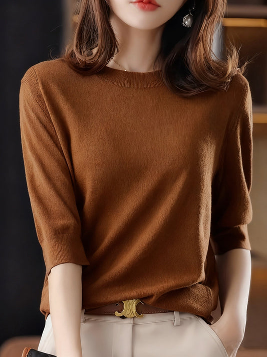 Haut pour femme à col rond et manches 3/4, style vintage élégant, sous-couche hautement élastique, lisse, couleur unie, chemisier décontracté pour le printemps et l'automne, café, noir, vert, bordeaux, S M L XL XXL