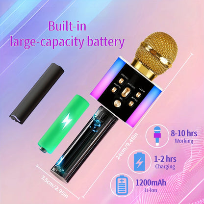 Microphone karaoké sans fil 5-en-1 avec haut-parleur intégré, lumières LED et changeur de voix – Micro de chant Bluetooth portable pour fêtes, réunions de famille, voyages et activités en plein air, 10 couleurs