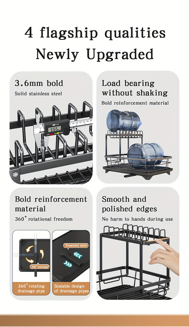 Égouttoir à vaisselle en métal à 2 niveaux avec porte-couverts, porte-gobelets et plateau d'égouttage antirouille – Égouttoir compact pour plan de travail de cuisine, égouttoir en acier durable pour tous types de surfaces