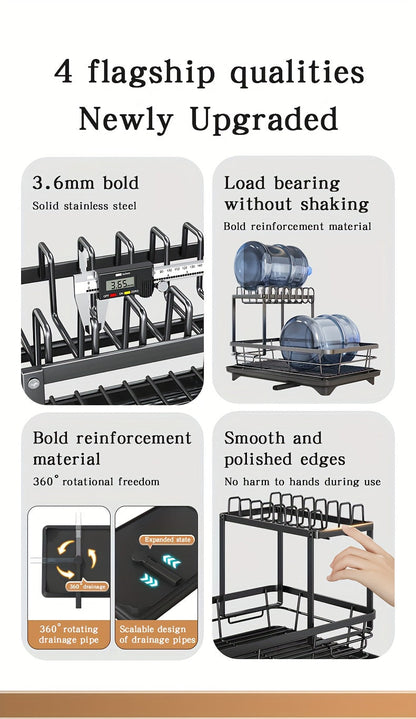 Égouttoir à vaisselle en métal à 2 niveaux avec porte-couverts, porte-gobelets et plateau d'égouttage antirouille – Égouttoir compact pour plan de travail de cuisine, égouttoir en acier durable pour tous types de surfaces