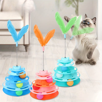 Jouet carrousel pour chat avec plume et balle rotative - Plateau tournant interactif pour chat d'intérieur, jouet stimulant anti-ennui, aucune pile requise, 3 couleurs : vert clair, bleu, rose