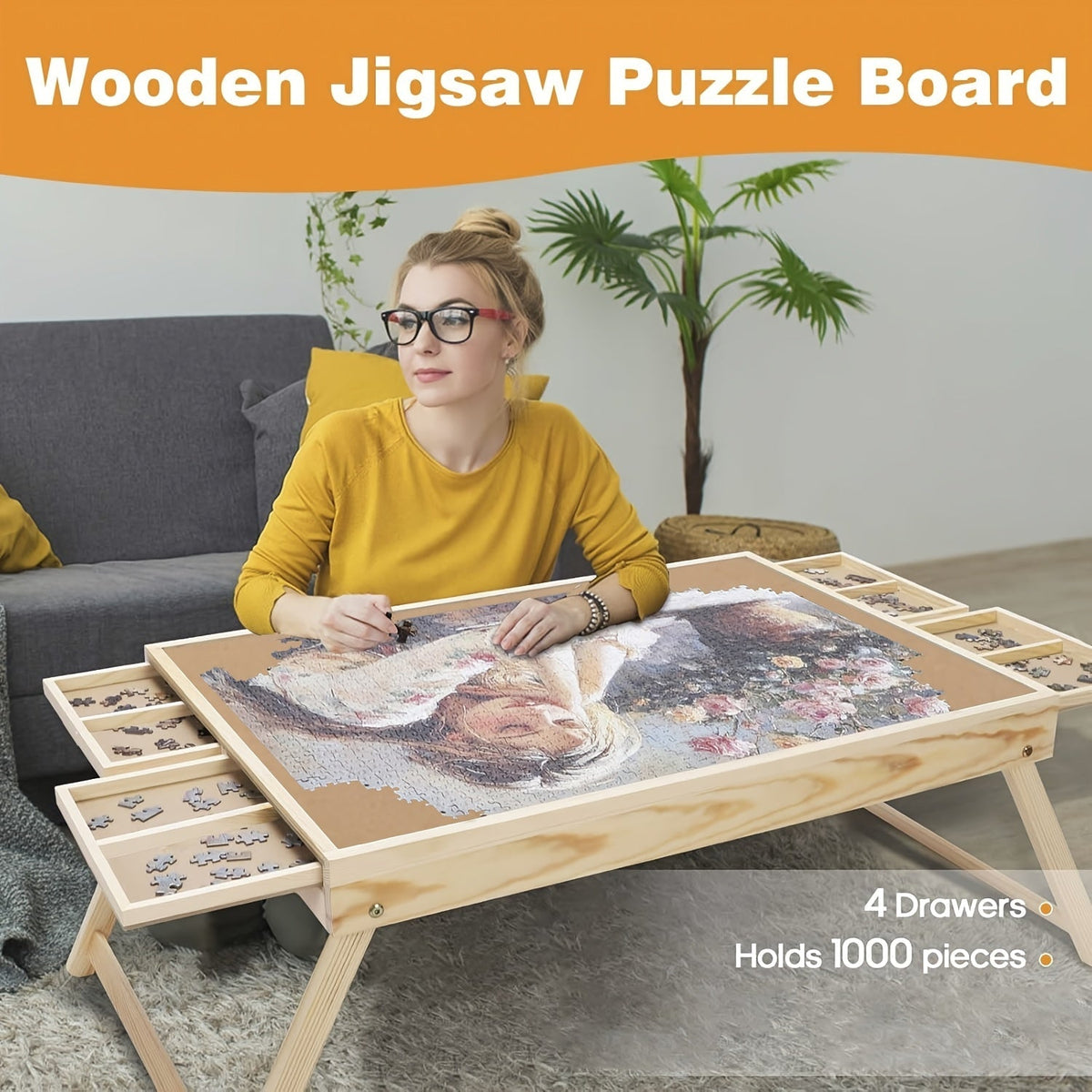 Table à puzzle en bois avec pieds pliables – 4 tiroirs et 16 grilles de tri pour puzzles de 1000 pièces | Plateau de puzzle portable pour rangement et organisation, fournitures scolaires et de maison
