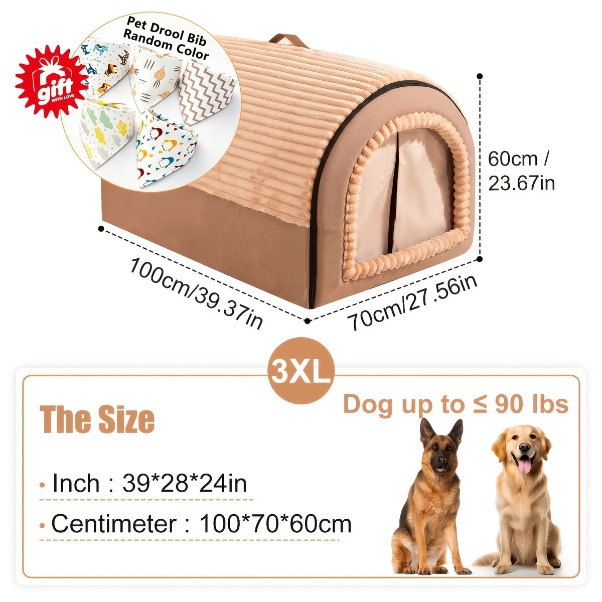 Niche pour chien pliable 2-en-1 toutes saisons – Maison pour animaux entièrement fermée avec poignée, nid douillet, doux et antidérapant, lavable pour chiens et chats de grande, moyenne et petite taille – Bavoir offert – Velora
